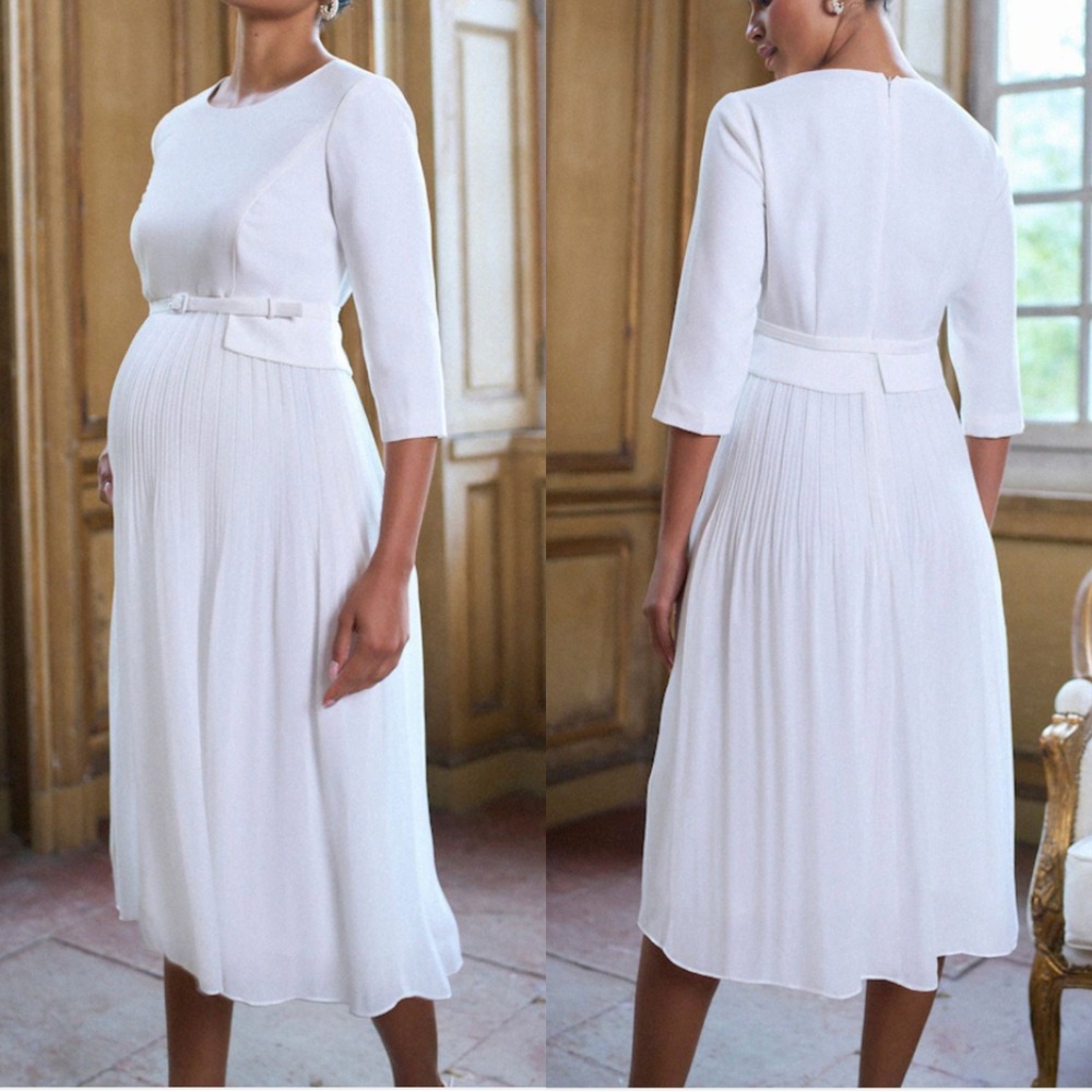 Seraphine Luxe Josephine Ivory Pleated Midi Bridal Maternity Dress Size 6 US NWT